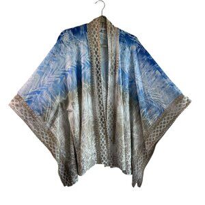 Adore Large Kimono Poncho Shawl Blue Beige Coastal Burn Out Velvet Boho